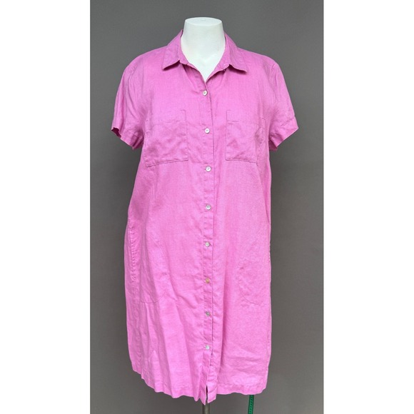 J. Jill Dresses & Skirts - J Jill Linen Shirt Dress Medium Pink Short Sleeve Button Front Pockets Coastal